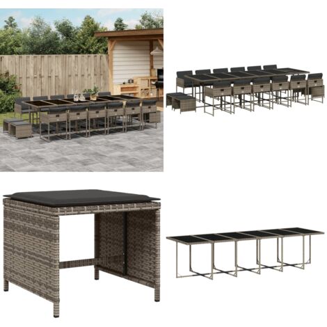 17-tlg. Garten-Essgruppe mit Kissen Grau Poly Rattan - Gartenmöbel Set - Gartentisch - Gartenstühle - Gartenhocker - Rattan Möbel - Home & Living