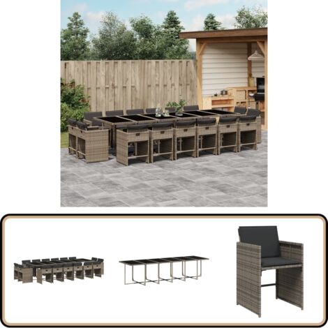 17-tlg. Garten-Essgruppe mit Kissen Grau Poly Rattan - Gartentisch - Esstisch - Gartenmöbel Set - Outdoor Möbel - Terrassenmöbel