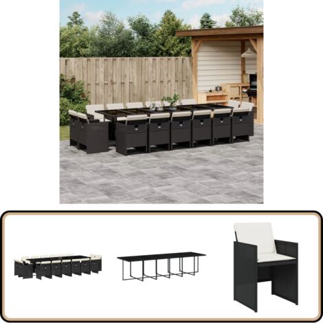 17-tlg. Garten-Essgruppe mit Kissen Schwarz Poly Rattan - Gartentisch - Gartenmöbel Set - Esstisch - Gartenstühle - Outdoor Möbel
