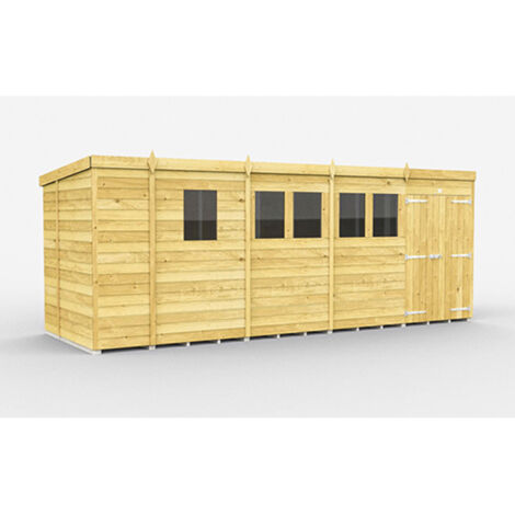 17 x 6 Feet Pent Shed - Double Door With Windows - Wood - L178 x W492 x H201 cm