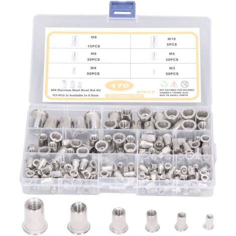 170 écrous à rivets en acier inoxydable M3-M10 304, écrou fileté à tête plate durable
