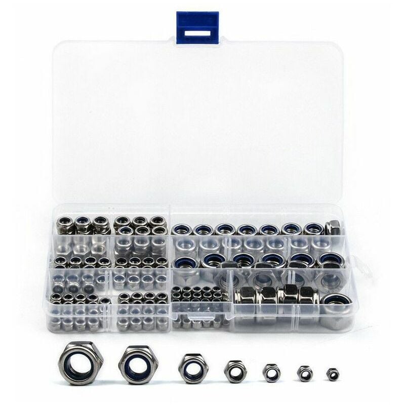 170 Pcs Ecrou Hexagonal en 304 Acier Inoxydable Ecrous Frein M3 M4 M5 M6 M8 M10 M12 pour Quincaillerie Assortiment Contre-Ecrou Argent pour Boulon