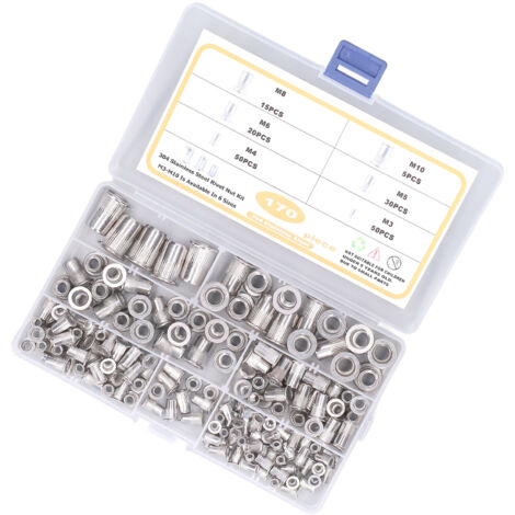 170 pièces de boulons à riveter filetés M3‑M10 en acier inoxydable 304, tête plate résistante