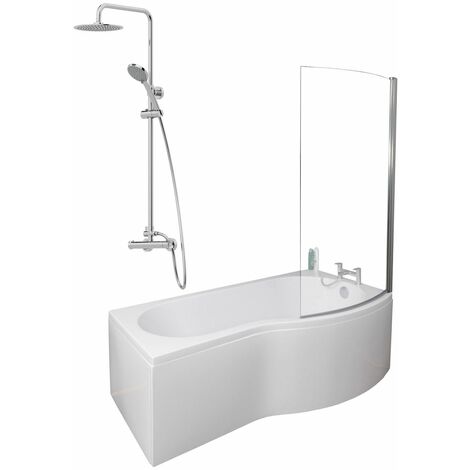 main image of "Bathroom P Shaped Shower Bath 1700mm RH Mixer Shower Screen Side End Panel White"