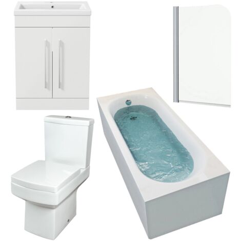 1700mm Bathroom Suite Gloss White Straight Bath Screen Toilet Vanity Unit Basin