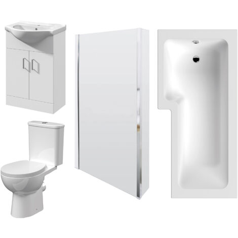 1700mm Bathroom Suite - L Shape Shower Bath, Front Panel, Shower Bath Screen, Vanity Basin Unit and Toilet and Seat, Gloss White