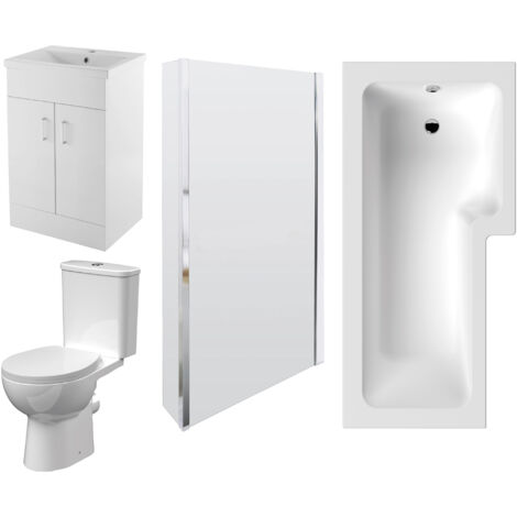 1700mm Bathroom Suite - L Shape Shower Bath, Front Panel, Shower Bath Screen, Vanity Basin Unit and Toilet and Seat - Gloss White