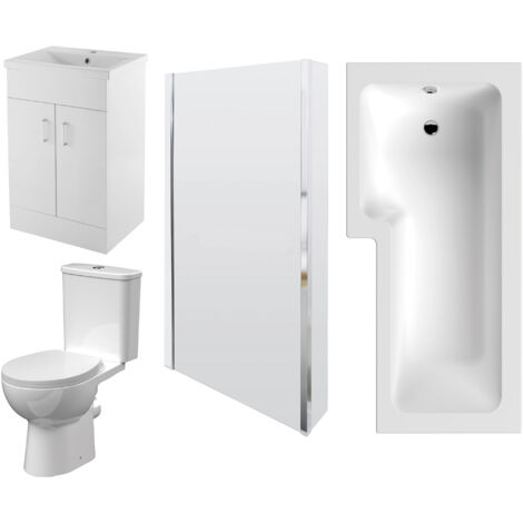 1700mm Bathroom Suite - L Shape Shower Bath, Front Panel, Shower Bath Screen, Vanity Basin Unit and Toilet with Seat - Gloss White
