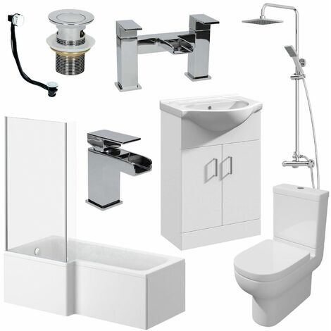 1700mm Bathroom Suite LH L Shaped Bath Screen Basin Toilet Shower Taps Waste