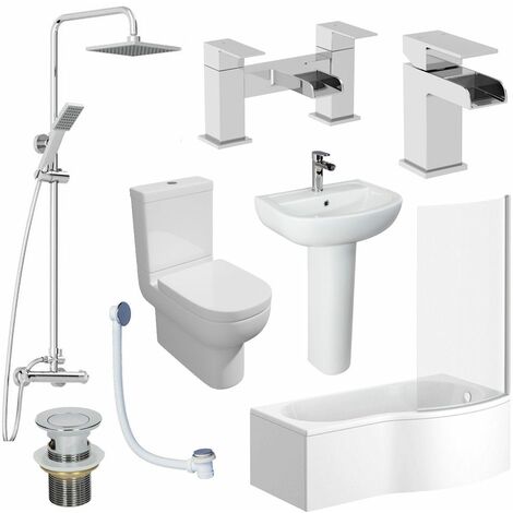 1700mm Bathroom Suite RH P Shaped Bath Screen Basin Toilet Shower Taps Waste - White