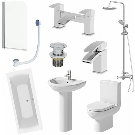 main image of "1700mm Complete Bathroom Suite Bath Shower Screen Toilet Taps Basin Pedestal"