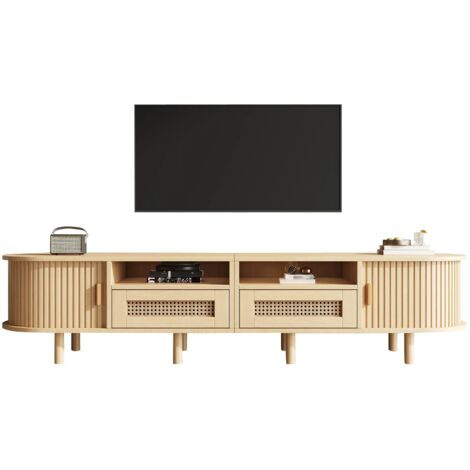 1704040cm Ovaler TV-Ständer und Fernsehtisch,TV-Schrank mit 2 Rattan Design Schubladen,2 Schiebetür,Lowboard und Fernsehtisch bis zu 70 Zoll,TV-Board und TV-Kommode,Holzfarbe