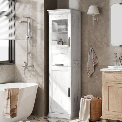 170cm Badezimmerschrank - Badschrank Hochschrank mit Türen und verstellbarem Einlegeboden, Badschrank Schmal Weiß mit 5 Fächer Badezimmerschränke für Badezimmer Wohnzimmer Küche Esszimmer