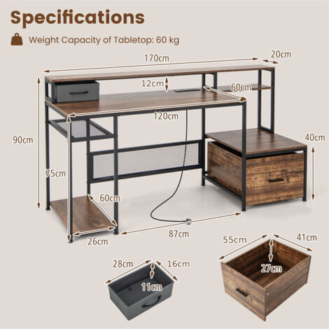 170cm Computer Desk with Monitor Stand and File Drawer Home Office Study Writing Desk