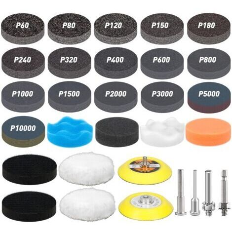 174PCS Papier Abrasif 75MM Grain 60 80 120 150 180 240 320 400 600 800 1000 1500 2000 3000 5000 10000 Disque de Poncage Carrosserie Kit Renovation Phare