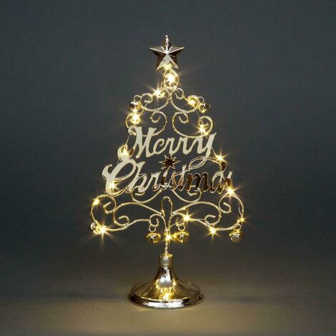 17.5 Inch Pre-Lit LED Merry Christmas Christmas Tree Table Top Xmas Decoration With Bells Silver