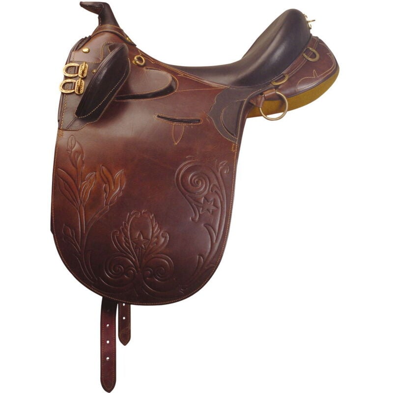 18" = 45 cm, Marron: Selle australienne avec pommeau en cuir pleine fleur