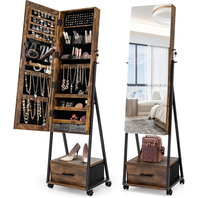 Armoire à Bijoux 2 en 1 avec Miroir Pleine Longueur, Organisateur de Bijoux sur Pied avec Roulettes Verrouillables,Marron - Goplus