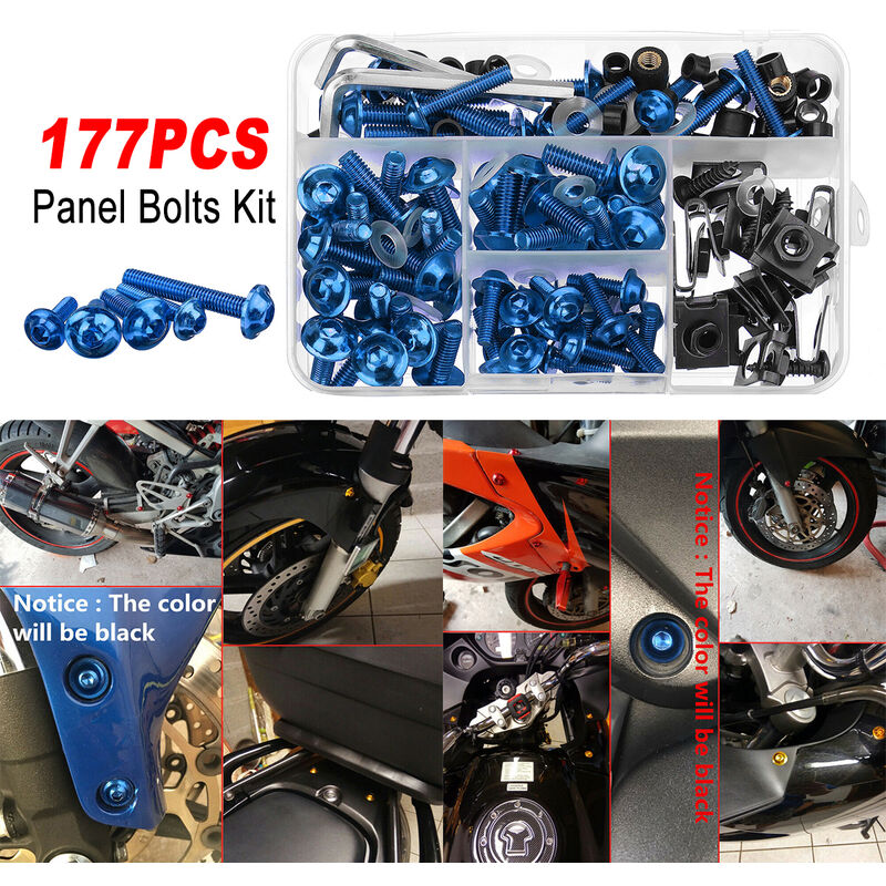 

177 piezas negro azul para motocicleta Panel de parachoques Kit de pernos Clips de retención azul Tornillos