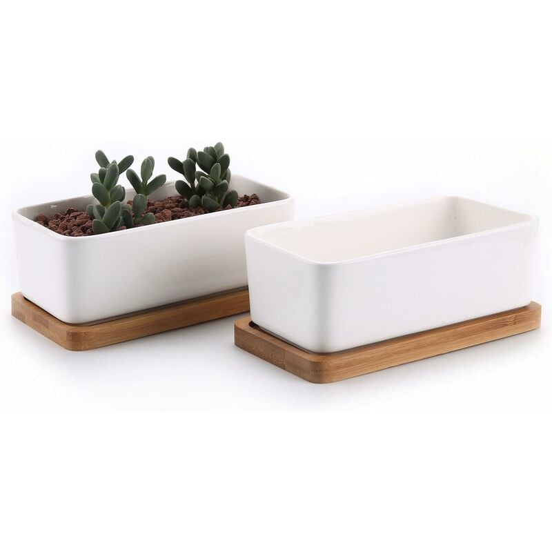 17cm Pot de Succulent en Céramique avec Plateau en Bambou Blanc Lot de 2, Cactus Plante Planteur Cache Pot Jardinière Contenant Cadeau pour