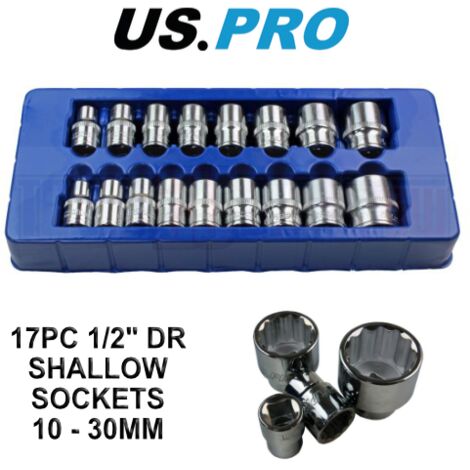 17pc 1/2" DR 6PT Hex Shallow Sockets 10-30mm | Pro 1394 US Pro by Bergen Tools