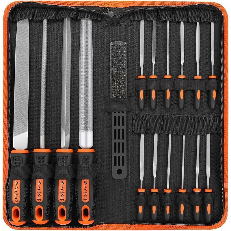 Ahlsen 17Pcs Limes et Râpes, AojSup Lime Metal en Acier Forgé T12, 4x Grand Limes Metal, 12x Lime Aiguille Metal et 1x Brosse de Nettoyage, Lime à