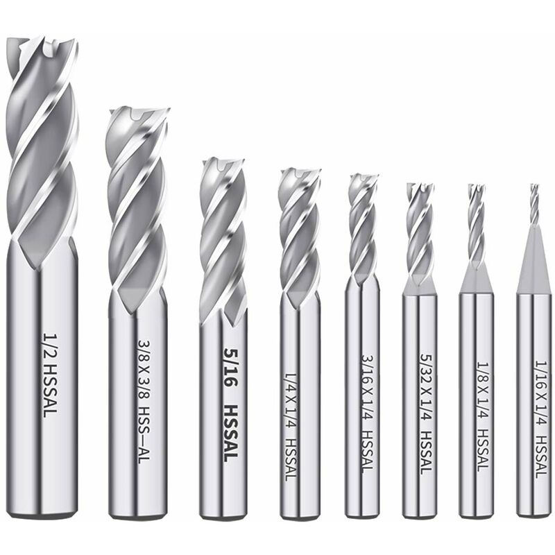 Sunxury - 1/8' 3/16' 1/4' 5/16' 3/8' 1/2' acier rapide hss 4 cannelures fraise à bout droit 5/32' 1/16' lot de 8