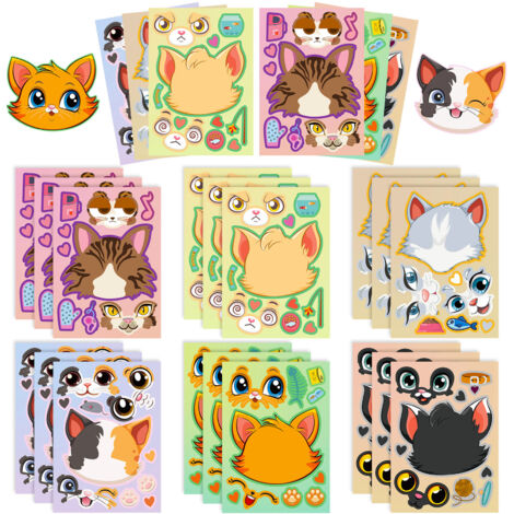 18 autocollants à échanger avec des visages de chatons mignons – Puzzle d'autocollants pour activités parents-enfants, cadeau de Noël