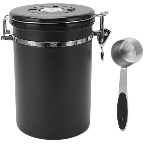 1,8-Liter-Kaffeebehälter aus Edelstahl, schwarz – luftdichter Behälter mit Löffel und Datumsetikett