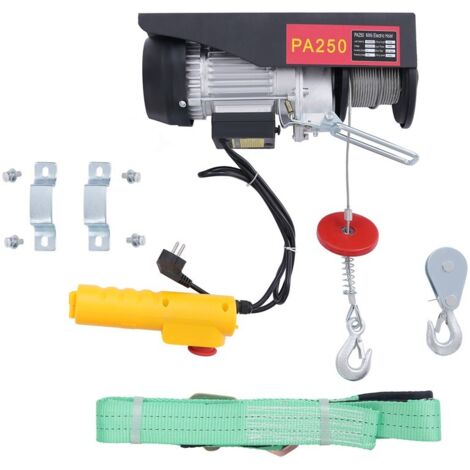 18 mètres, 250 kg, treuil électrique à câble métallique, grue électrique, grue d'échafaudage, câble métallique, atelier, garage, bouton d'arrêt d'urgence.