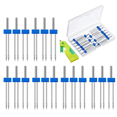 18 pièces aiguilles doubles pour machine à coudre avec boîte plastique et enfile-aiguille, jeu d'aiguilles jumelles facile à utiliser pour la maison