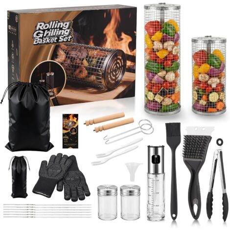 18 Pièces Set de Panier à Barbecue Roulant, Poignée Détachable, Acier Inoxydable 304, Complet d’Accessoires pour avec Gants, Brochettes, Sac & Plus Encore, Cadeau Homme Papa -