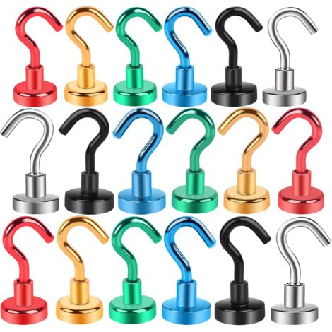 18 piezas de gancho magnético de neodimio fuerte de 16 mm para refrigerador, cocina, oficina, escuela, gancho de techo resistente, 6 colores, 3 de cada uno