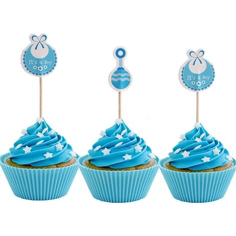 18 Tiges déco pour gâteau d'anniversaire bébé Bâton de décoration gâteau en motif poussettes pour bébé garçon lot de 18(rose/bleu) (Couleur : Blue)