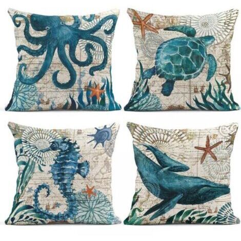 18 x 18 pouces Lot de 4 housses de coussin sur le thème de l'océan bleu nautique ctier pieuvre hippocampe tortue baleine style méditerranéen taies d'oreiller décoratives décor à la maison carré taies