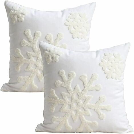 18 x 18 toile douce Noël hiver flocon de neige style coton lin brodé taies d'oreiller (1 paire, blanc) pour lit canapé coussin taies d'oreiller pour enfants literie