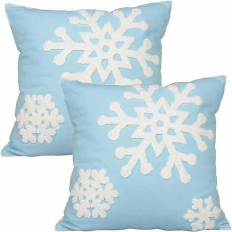 18 x 18 toile douce Noël hiver flocon de neige style coton lin brodé taies d'oreiller (1 paire, bleu) pour lit canapé coussin taies d'oreiller pour enfants literie