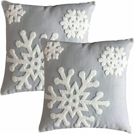 18 x 18 toile douce Noël hiver flocon de neige Style coton lin brodé taies d'oreiller (1 paire, gris) pour lit canapé coussin taies d'oreiller pour enfants literie