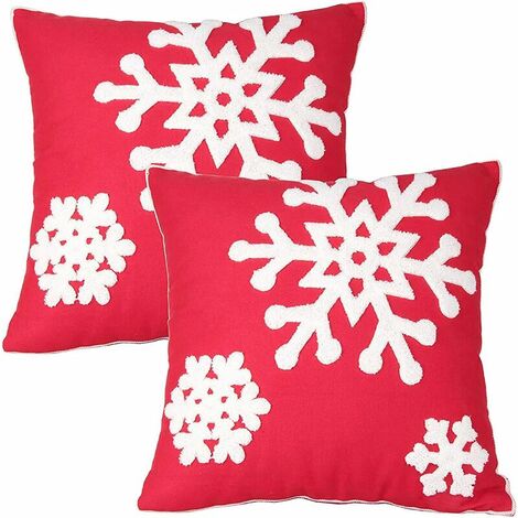 18 x 18 toile douce Noël hiver flocon de neige Style coton lin brodé taies d'oreiller (1 paire, rouge) pour lit canapé coussin taies d'oreiller pour enfants literie