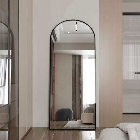 180 × 80 cm Miroir sur Pied, Grand Miroir Mural Design, Miroir Plein Pied Miroir de Sol Cadre en Aluminium Grand Miroir sur Pied avec Support Miroir Mural D'EntréE Chambre à Coucher Couloir, Noir Voût