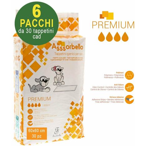 180 Asssorbello Premium Tapis de Toilette Hygiénique 60x60 cm pour chiens - 6 paquets de 30 pièces chacun