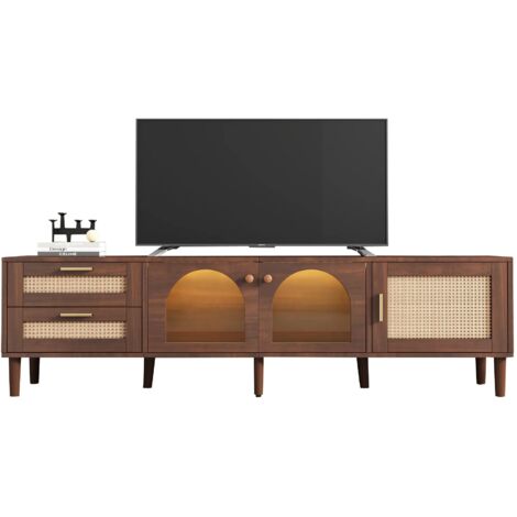 180 cm brauner TV-Schrank für 80-Zoll-Fernseher – mit 2 Rattan-Schubladen, 2 gewölbten Glastüren und 1 Rattan-Tür, LED-Beleuchtung, bietet stilvolle Aufbewahrung, TV-Board