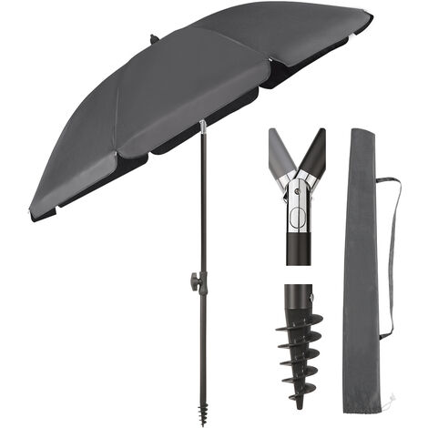 180 cm Sonnenschirm Stabil Strandschirm mit Bodenhülse & Schutzhülle für Balkon Garten & Terrasse Neigungswinkel und Höhe verstellbar, Sonnenschutz UPF 50+, Grau