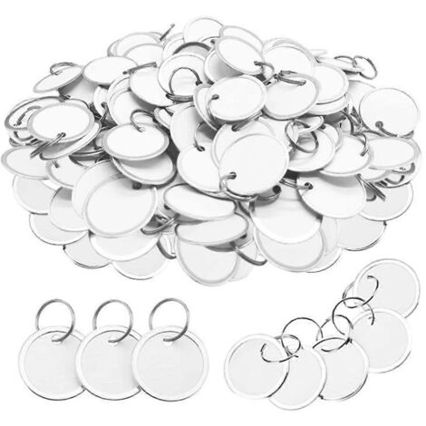 180 étiquettes porte-clés rondes en papier, à bordure métallique, blanches et argentées.