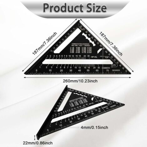180 mm Equerre Menuisier,Rapporteur d'Angle de Triangle Alliage d'Aluminium，équerres de charpentier triangulaire épaissi à 45 90 Degres, Haute Pr