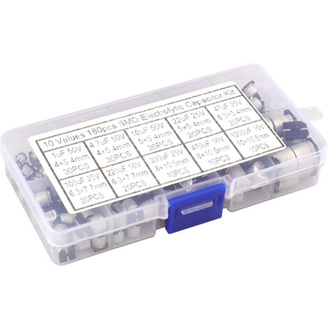 180 Pièces Condensateurs Électrolytiques Aluminium CMS - 16-50V, 1uF à 1000uF, 10 Valeurs Différentes, Kit avec Boîte de Rangement