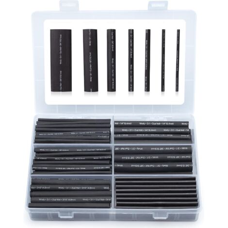 180 Pièces Kit de Gaine Thermorétractable Etanche Noire - 3:1 Tube Thermoretractable à double paroi - Revêtement adhésif - Gaine Thermo