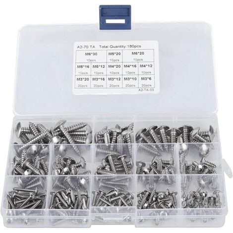 180 Pièces M3 M4 M5 M6 Jeu Vis Autotaraudeuses avec Boîte, Kit Vis à Tête Ronde Cruciforme Acier Inoxydable avec Rondelles, Assortiment Vis Plate Croisée Bois Autoperceuses pour Réparations, Argent
