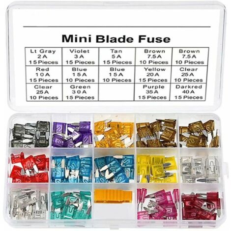180-teiliges Mini-Flachsicherungsset für Pkw und Lkw (2A, 3A, 5A, 7,5A, 10A, 15A, 20A, 25A, 30A, 35A, 40A) inklusive Sicherungsauszieher und Aufbewahrungsbox