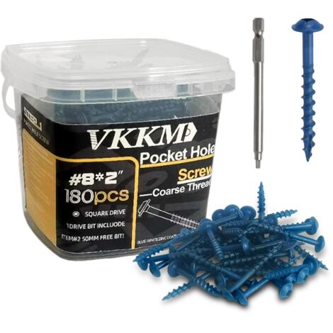 180 Tornillos autoperforantes azul n.°8 x 2", ranura cuadrada, revestimiento protector (broca 50mm), para montaje muebles y proyectos de madera
